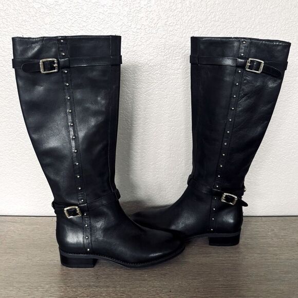 Vince Camuto Black Leather Gold Studded Riding Boots 6 - Picture 1 of 13